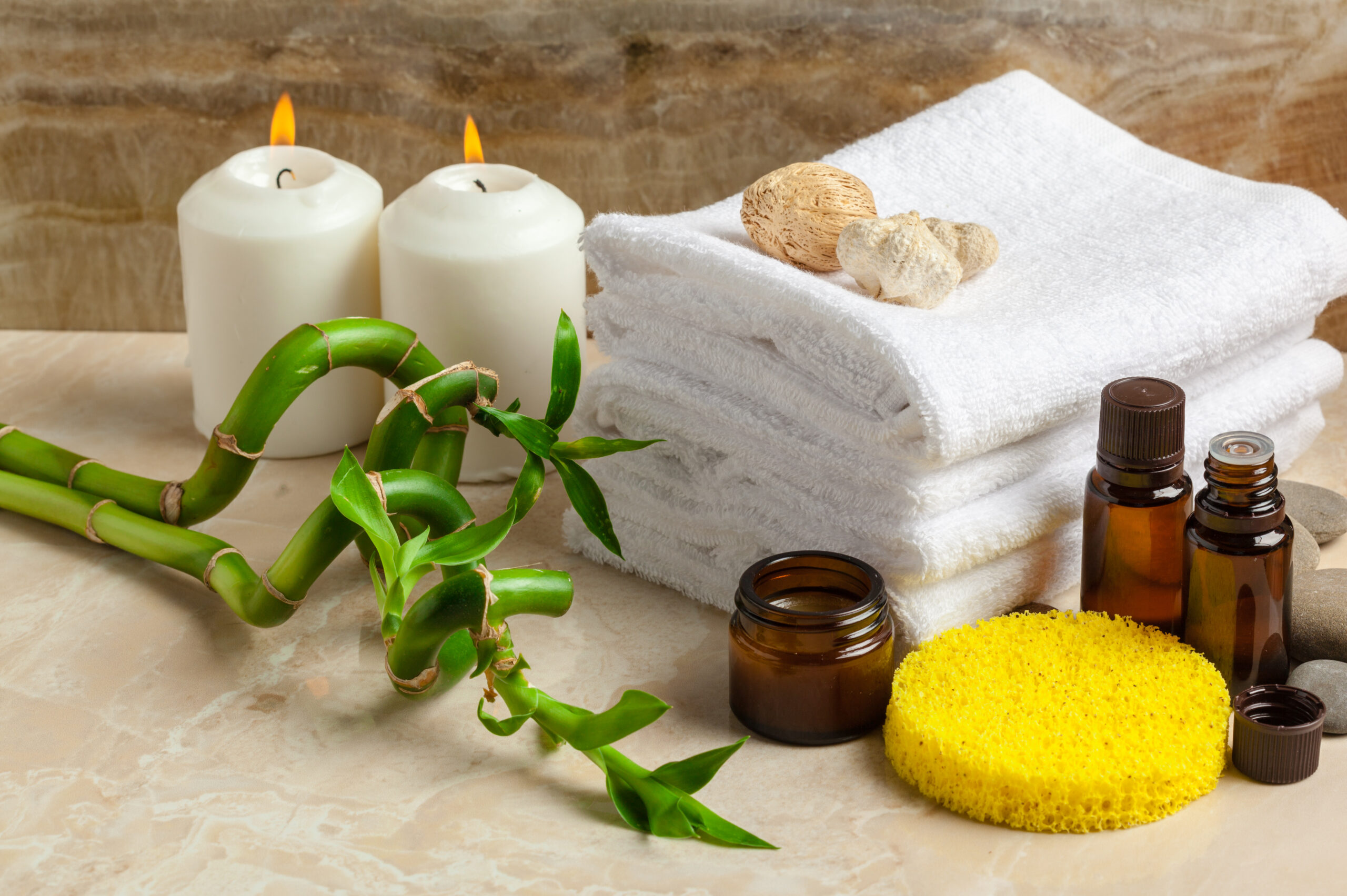 Spa towels, candles and massage oils